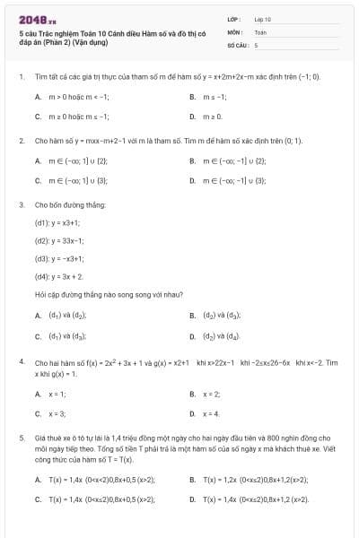 5 câu Trắc nghiệm Toán 10 Cánh diều Hàm số và đồ thị có đáp án (Phần 2) (Vận dụng)