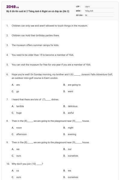 Bộ 8 đề thi cuối kì 2 Tiếng Anh 6 Right on có đáp án (Đề 3)