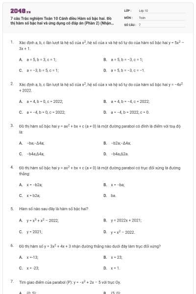 7 câu Trắc nghiệm Toán 10 Cánh diều Hàm số bậc hai. Đồ thị hàm số bậc hai và ứng dụng có đáp án (Phần 2) (Nhận biết)