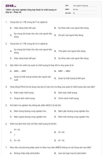 1000+ câu trắc nghiệm tổng hợp Quản trị chất lượng có đáp án - Phần 26