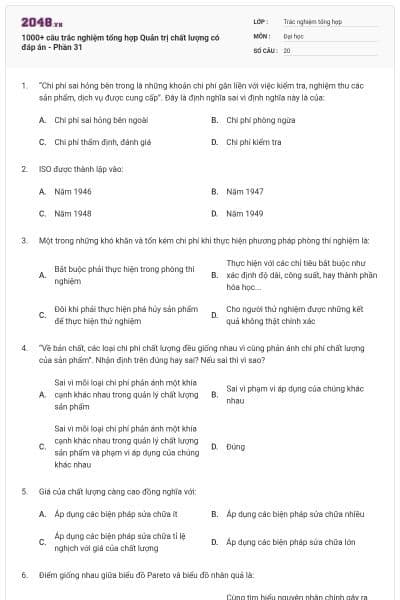 1000+ câu trắc nghiệm tổng hợp Quản trị chất lượng có đáp án - Phần 31