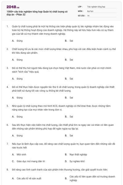 1000+ câu trắc nghiệm tổng hợp Quản trị chất lượng có đáp án - Phần 32