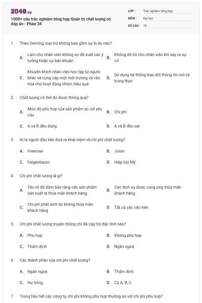 1000+ câu trắc nghiệm tổng hợp Quản trị chất lượng có đáp án - Phần 34