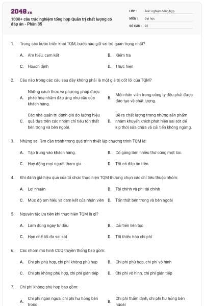 1000+ câu trắc nghiệm tổng hợp Quản trị chất lượng có đáp án - Phần 35