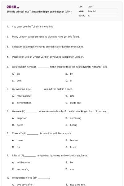 Bộ 8 đề thi cuối kì 2 Tiếng Anh 6 Right on có đáp án (Đề 4)
