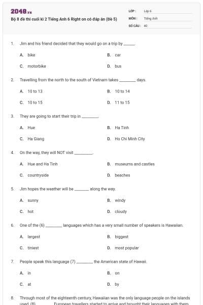Bộ 8 đề thi cuối kì 2 Tiếng Anh 6 Right on có đáp án (Đề 5)