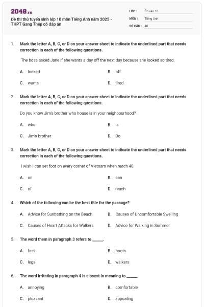 Đề thi thử tuyển sinh lớp 10 môn Tiếng Anh năm 2025 - THPT Gang Thép có đáp án