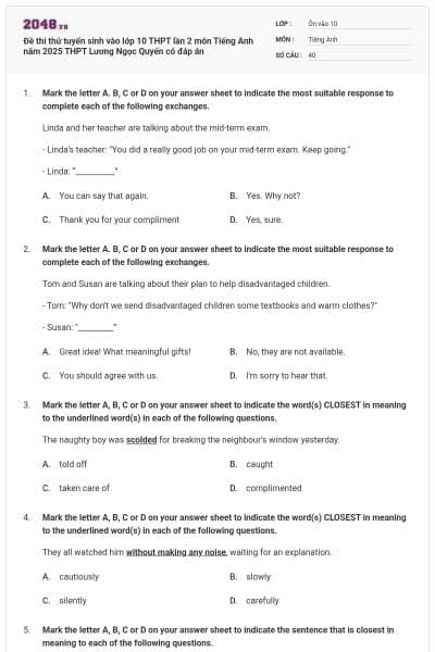 Đề thi thử tuyển sinh vào lớp 10 THPT lần 2 môn Tiếng Anh năm 2025 THPT Lương Ngọc Quyến có đáp án