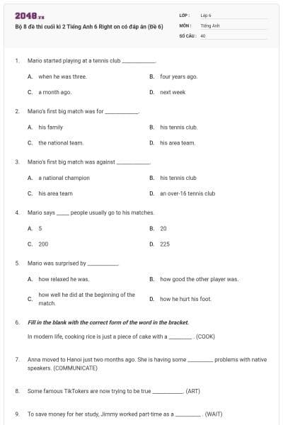 Bộ 8 đề thi cuối kì 2 Tiếng Anh 6 Right on có đáp án (Đề 6)