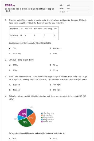 Bộ 10 đề thi cuối kì 2 Toán lớp 5 Kết nối tri thức có đáp án - Đề 6