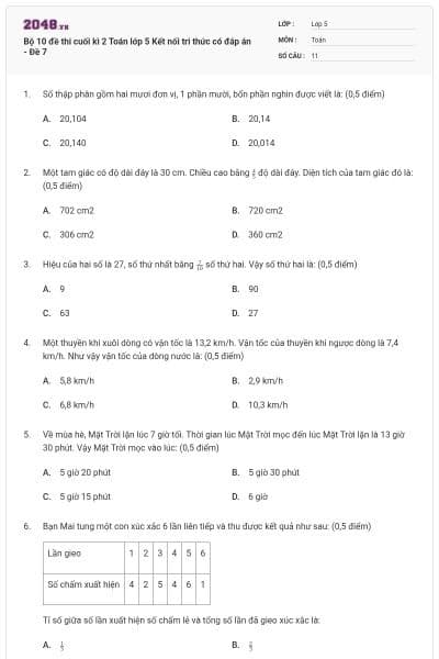 Bộ 10 đề thi cuối kì 2 Toán lớp 5 Kết nối tri thức có đáp án - Đề 7