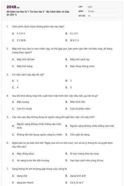 Đề kiểm tra Học kì 1 Tin học lớp 3 - Bộ Cánh diều có đáp án (Đề 1)