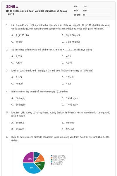 Bộ 10 đề thi cuối kì 2 Toán lớp 5 Kết nối tri thức có đáp án - Đề 10
