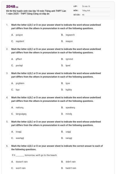 Đề thi thử tuyển sinh vào lớp 10 môn Tiếng anh THPT Lần 1 năm 2025 - THPT Sông Công có đáp án
