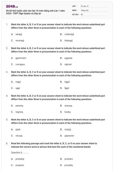 Đề thi thử tuyển sinh vào lớp 10 môn tiếng anh Lần 1 năm 2025- THPT Ngô Quyền có đáp án
