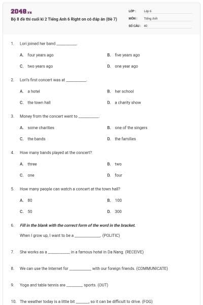 Bộ 8 đề thi cuối kì 2 Tiếng Anh 6 Right on có đáp án (Đề 7)