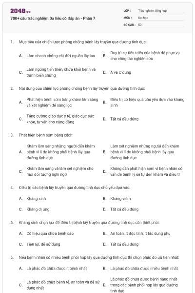 700+ câu trắc nghiệm Da liễu có đáp án - Phần 7