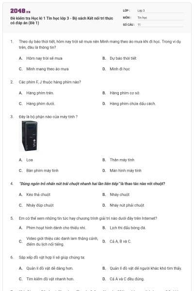 Đề kiểm tra Học kì 1 Tin học lớp 3 - Bộ sách Kết nối tri thức có đáp án (Đề 1)