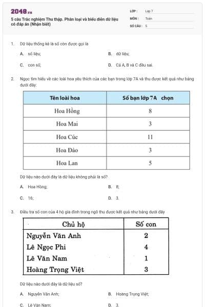 5 câu Trắc nghiệm Thu thập. Phân loại và biểu diễn dữ liệu có đáp án (Nhận biết)