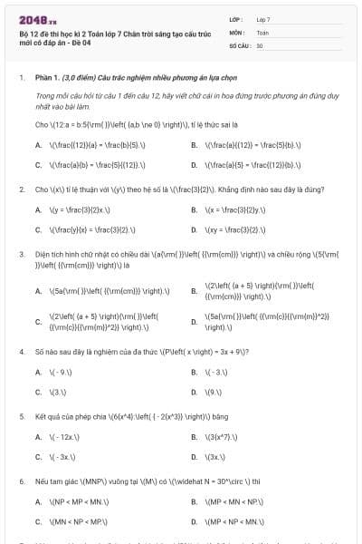 Bộ 12 đề thi học kì 2 Toán lớp 7 Chân trời sáng tạo cấu trúc mới có đáp án - Đề 04