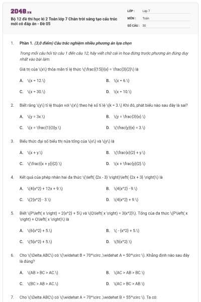 Bộ 12 đề thi học kì 2 Toán lớp 7 Chân trời sáng tạo cấu trúc mới có đáp án - Đề 05