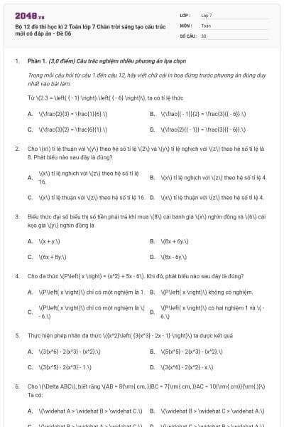 Bộ 12 đề thi học kì 2 Toán lớp 7 Chân trời sáng tạo cấu trúc mới có đáp án - Đề 06