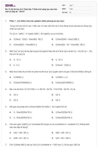 Bộ 12 đề thi học kì 2 Toán lớp 7 Chân trời sáng tạo cấu trúc mới có đáp án - Đề 07