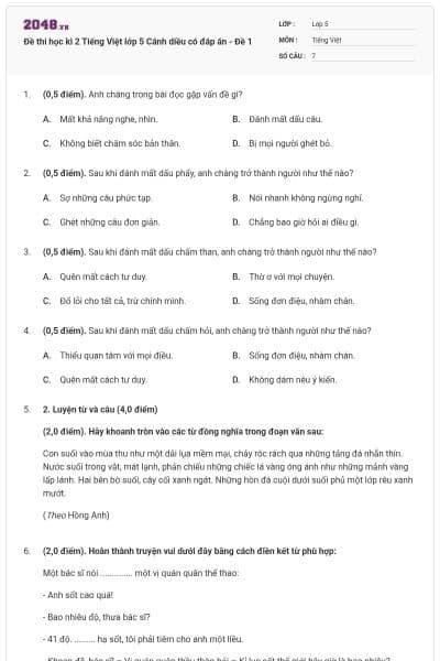 Đề thi học kì 2 Tiếng Việt lớp 5 Cánh diều có đáp án - Đề 1