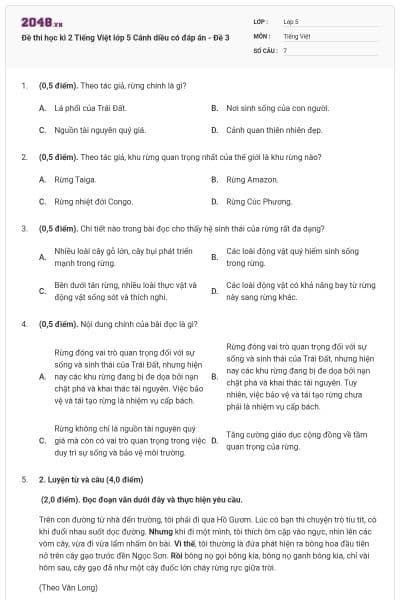 Đề thi học kì 2 Tiếng Việt lớp 5 Cánh diều có đáp án - Đề 3