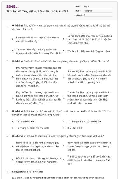 Đề thi học kì 2 Tiếng Việt lớp 5 Cánh diều có đáp án - Đề 8