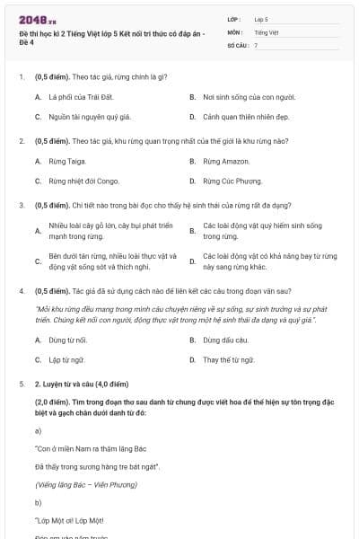 Đề thi học kì 2 Tiếng Việt lớp 5 Kết nối tri thức có đáp án - Đề 4
