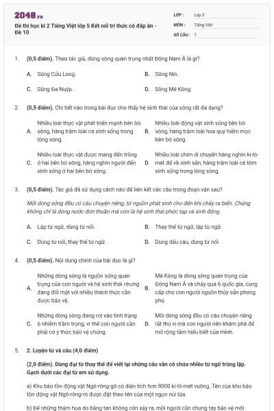 Đề thi học kì 2 Tiếng Việt lớp 5 Kết nối tri thức có đáp án - Đề 10