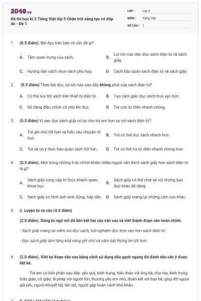 Đề thi học kì 2 Tiếng Việt lớp 5 Chân trời sáng tạo có đáp án - Đề 1