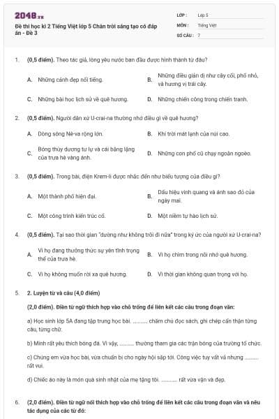 Đề thi học kì 2 Tiếng Việt lớp 5 Chân trời sáng tạo có đáp án - Đề 3