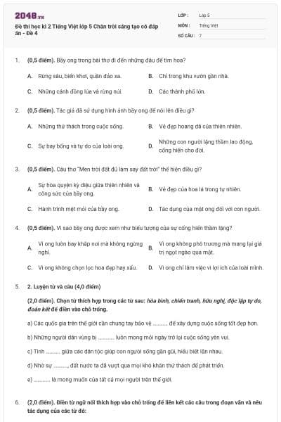 Đề thi học kì 2 Tiếng Việt lớp 5 Chân trời sáng tạo có đáp án - Đề 4