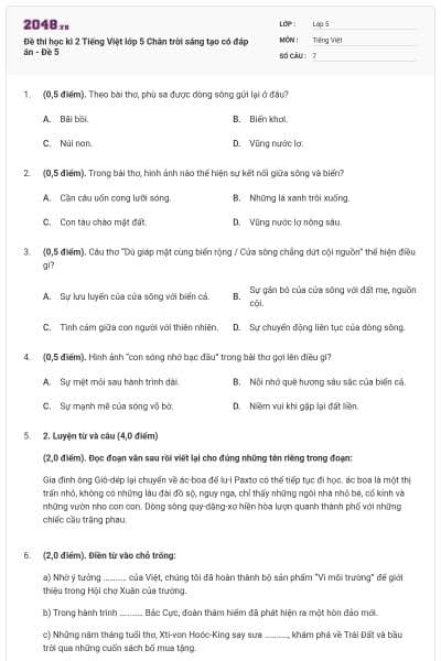 Đề thi học kì 2 Tiếng Việt lớp 5 Chân trời sáng tạo có đáp án - Đề 5