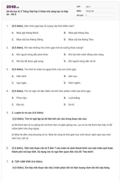 Đề thi học kì 2 Tiếng Việt lớp 5 Chân trời sáng tạo có đáp án - Đề 6