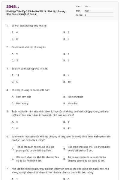 8 bài tập Toán lớp 3 Cánh diều Bài 14: Khối lập phương. Khối hộp chữ nhật có đáp án
