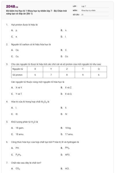 Đề kiểm tra Học kì 1 Khoa học tự nhiên lớp 7 - Bộ Chân trời sáng tạo có đáp án (Đề 1)