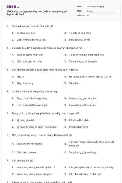 1000+ câu trắc nghiệm tổng hợp Quản trị văn phòng có đáp án - Phần 5