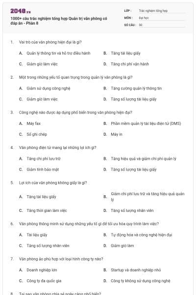 1000+ câu trắc nghiệm tổng hợp Quản trị văn phòng có đáp án - Phần 8