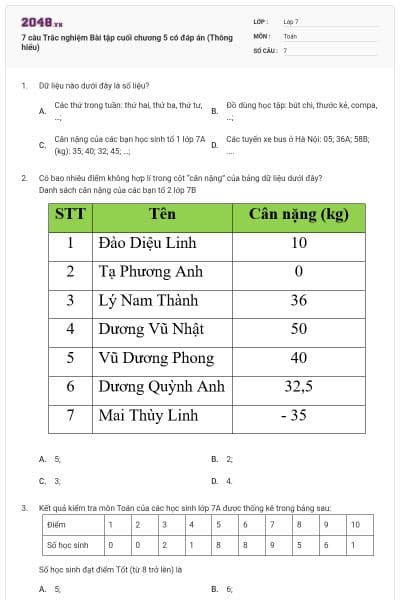 7 câu Trắc nghiệm Bài tập cuối chương 5 có đáp án (Thông hiểu)