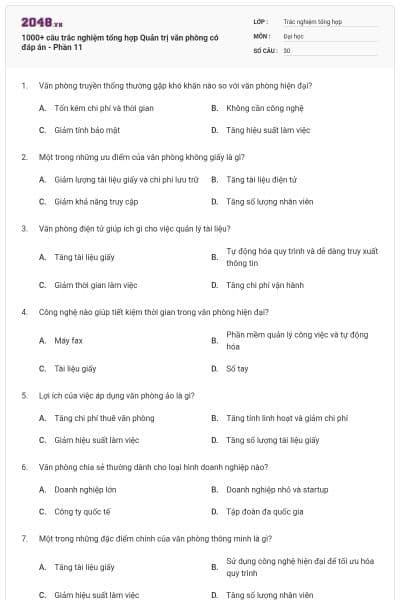 1000+ câu trắc nghiệm tổng hợp Quản trị văn phòng có đáp án - Phần 11