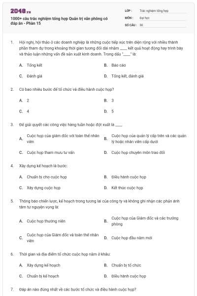 1000+ câu trắc nghiệm tổng hợp Quản trị văn phòng có đáp án - Phần 15