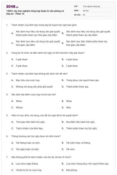 1000+ câu trắc nghiệm tổng hợp Quản trị văn phòng có đáp án - Phần 16