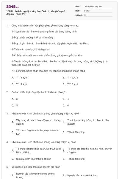 1000+ câu trắc nghiệm tổng hợp Quản trị văn phòng có đáp án - Phần 19
