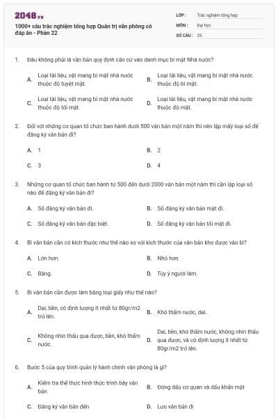 1000+ câu trắc nghiệm tổng hợp Quản trị văn phòng có đáp án - Phần 22