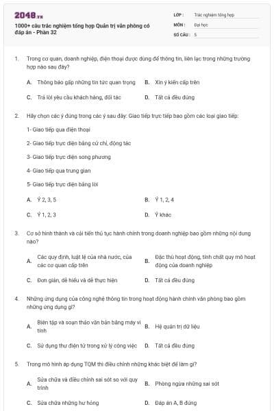 1000+ câu trắc nghiệm tổng hợp Quản trị văn phòng có đáp án - Phần 32