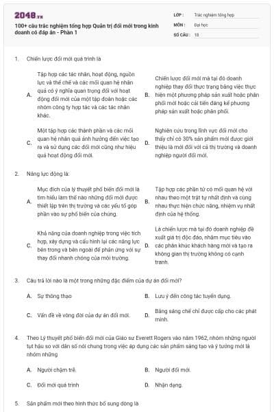 100+ câu trắc nghiệm tổng hợp Quản trị đổi mới trong kinh doanh có đáp án - Phần 1
