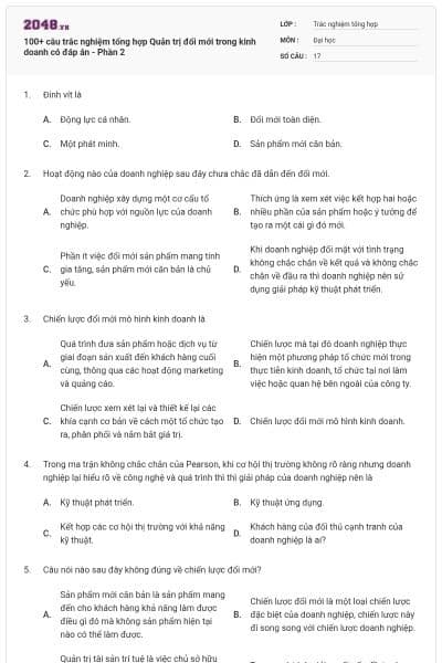 100+ câu trắc nghiệm tổng hợp Quản trị đổi mới trong kinh doanh có đáp án - Phần 2
